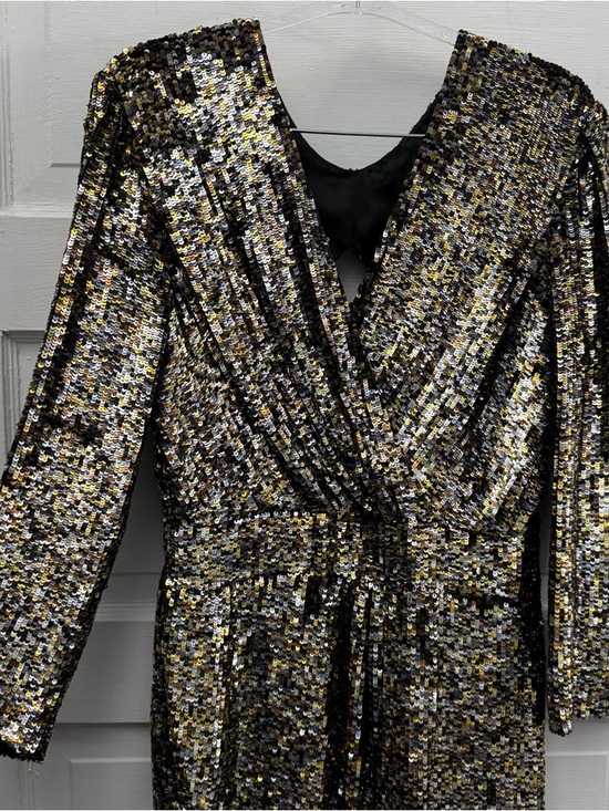 Parker Silk Sequin Mini Dress Gold Black Long Sleeve V Neck Party L - Picture 4 of 15